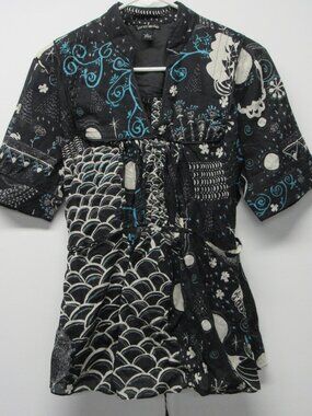 Lucky Brand Raven Crow Moon Floral Quirky Artsy Patchwork Print Top Shirt sz XL